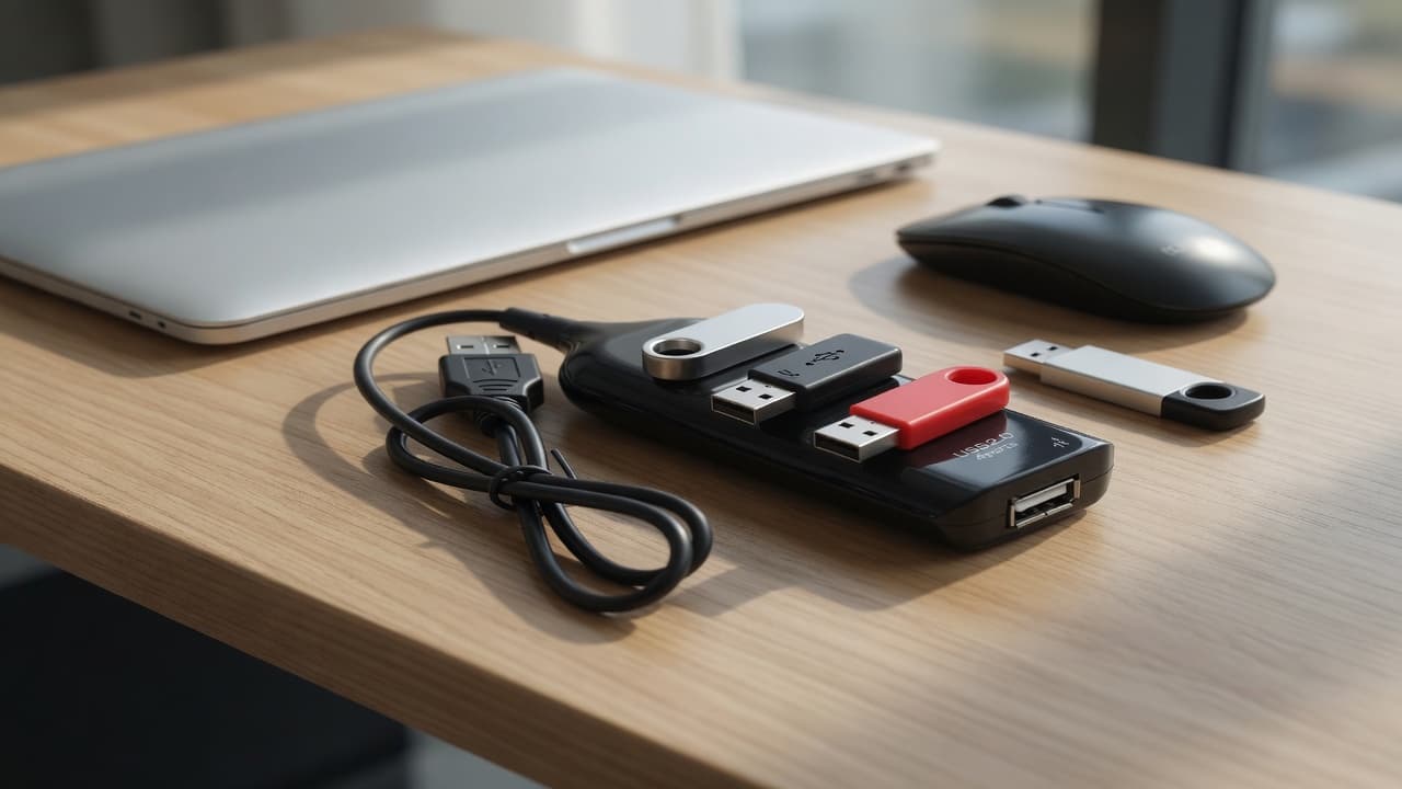 MTS-HUB24 en escritorio — 4 puertos USB para notebook