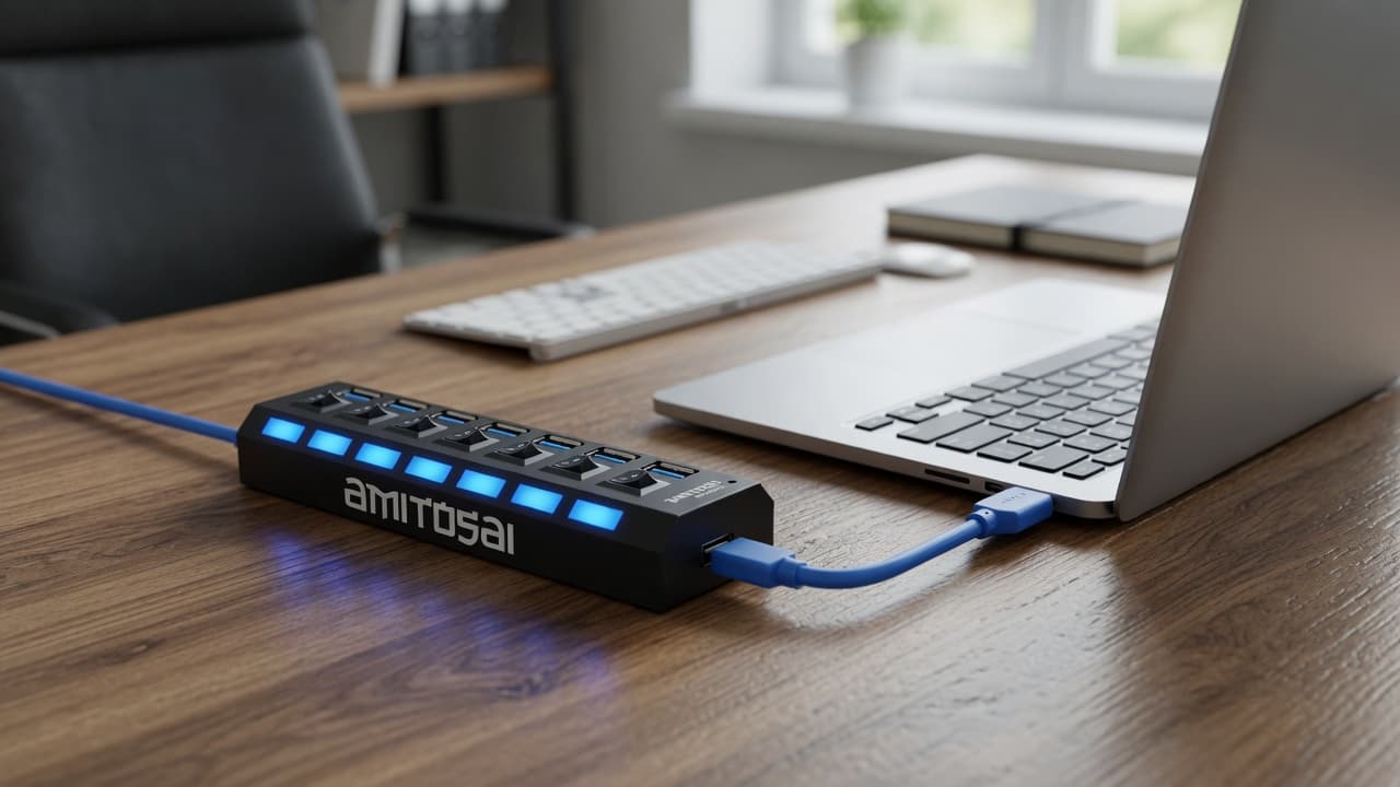 MTS-HUB37 — hub con LEDs azules listo en el home office