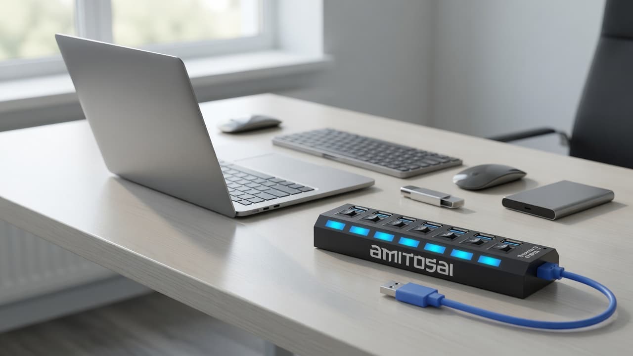 MTS-HUB37 en el escritorio — hub USB expandiendo la notebook