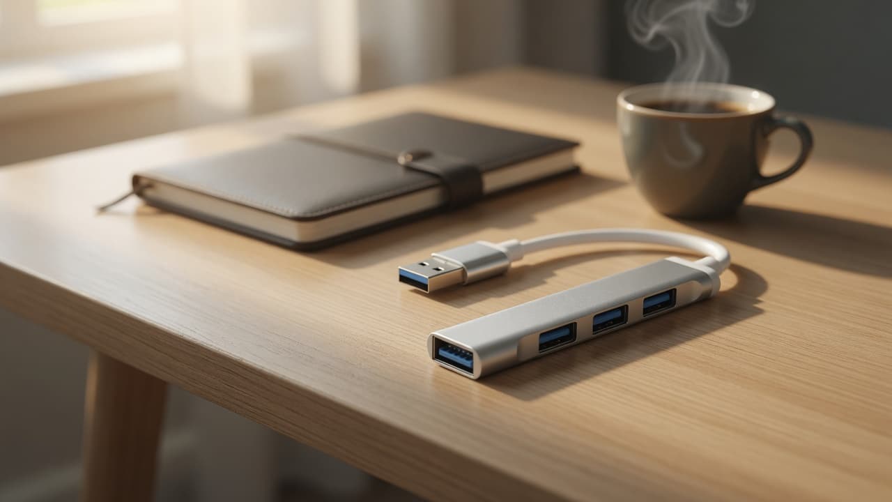 MTS-HUB3X4AL — hub aluminio compacto en escritorio con luz natural