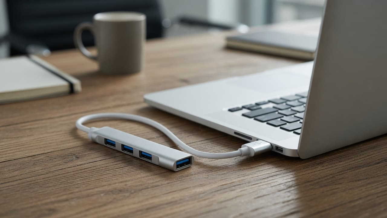 MTS-HUB3X4AL en el escritorio — hub USB aluminio con periféricos conectados