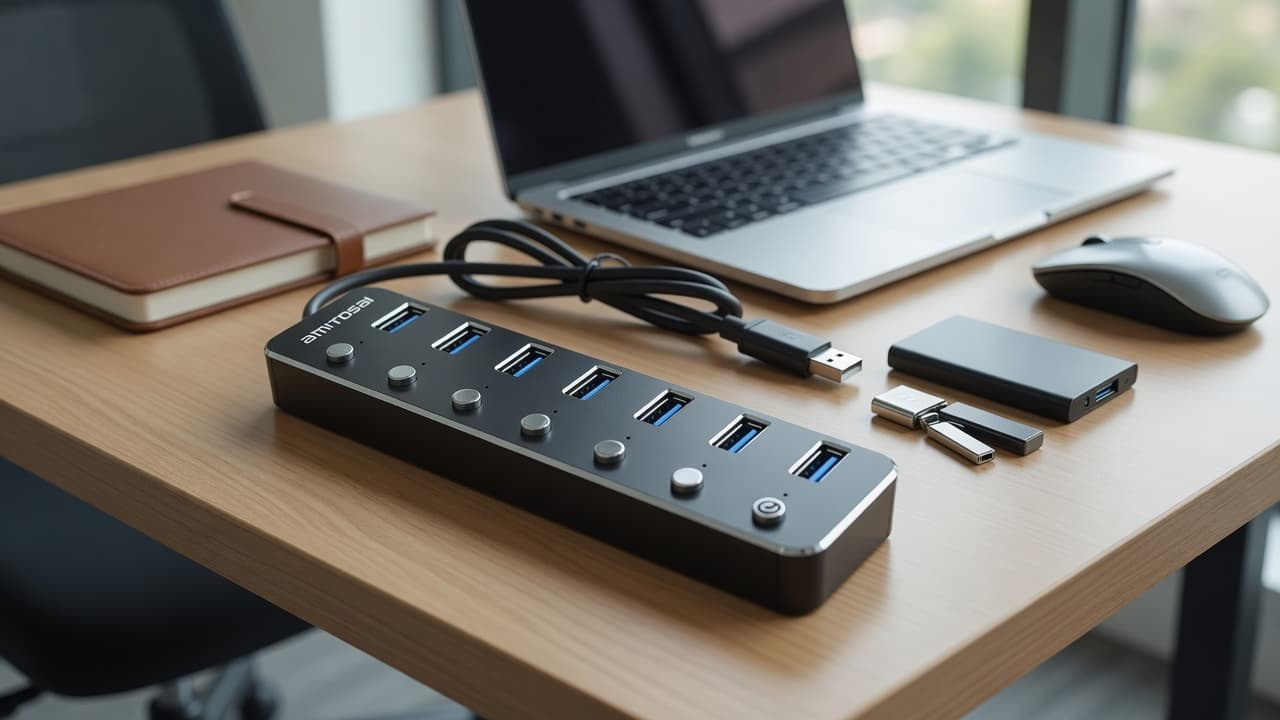 MTS-HUB3X7 en escritorio — 7× USB 3.0 con switch