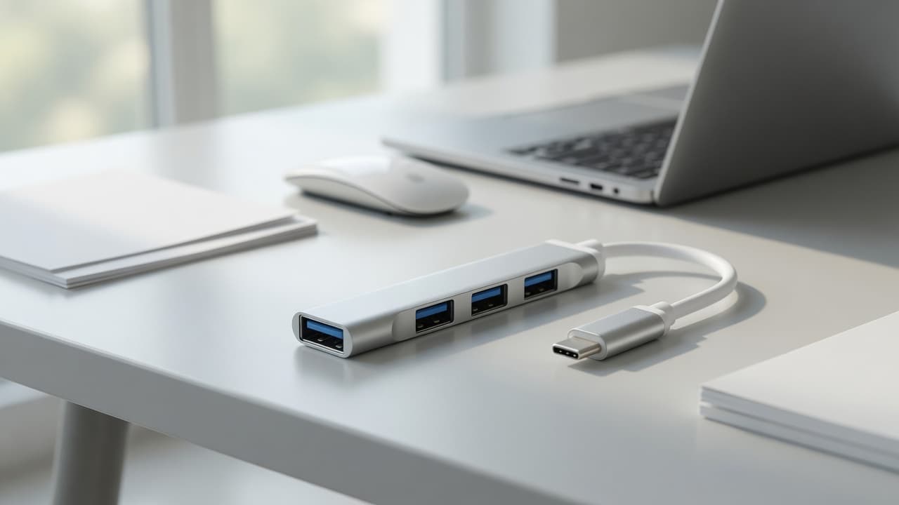 MTS-HUBCX4 en escritorio — hub USB-C a 4 USB aluminio
