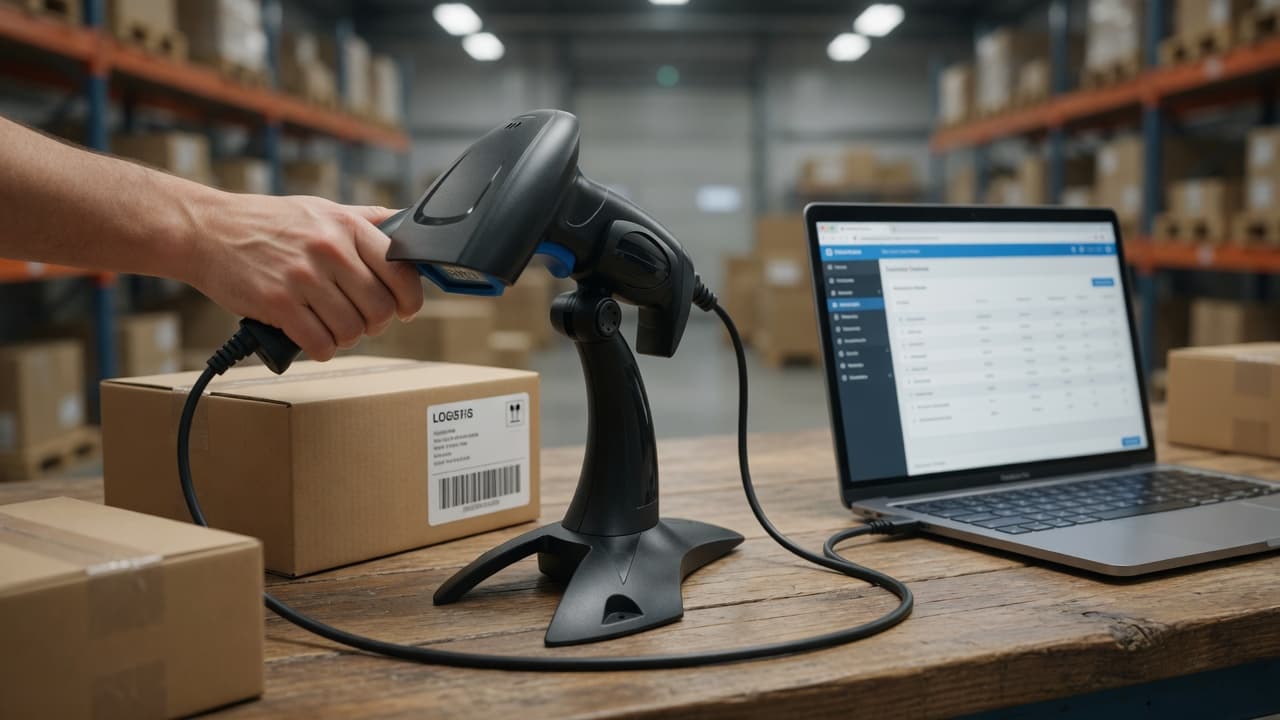 MTS-IRIS en mesa de packing — el escáner USB del día a día