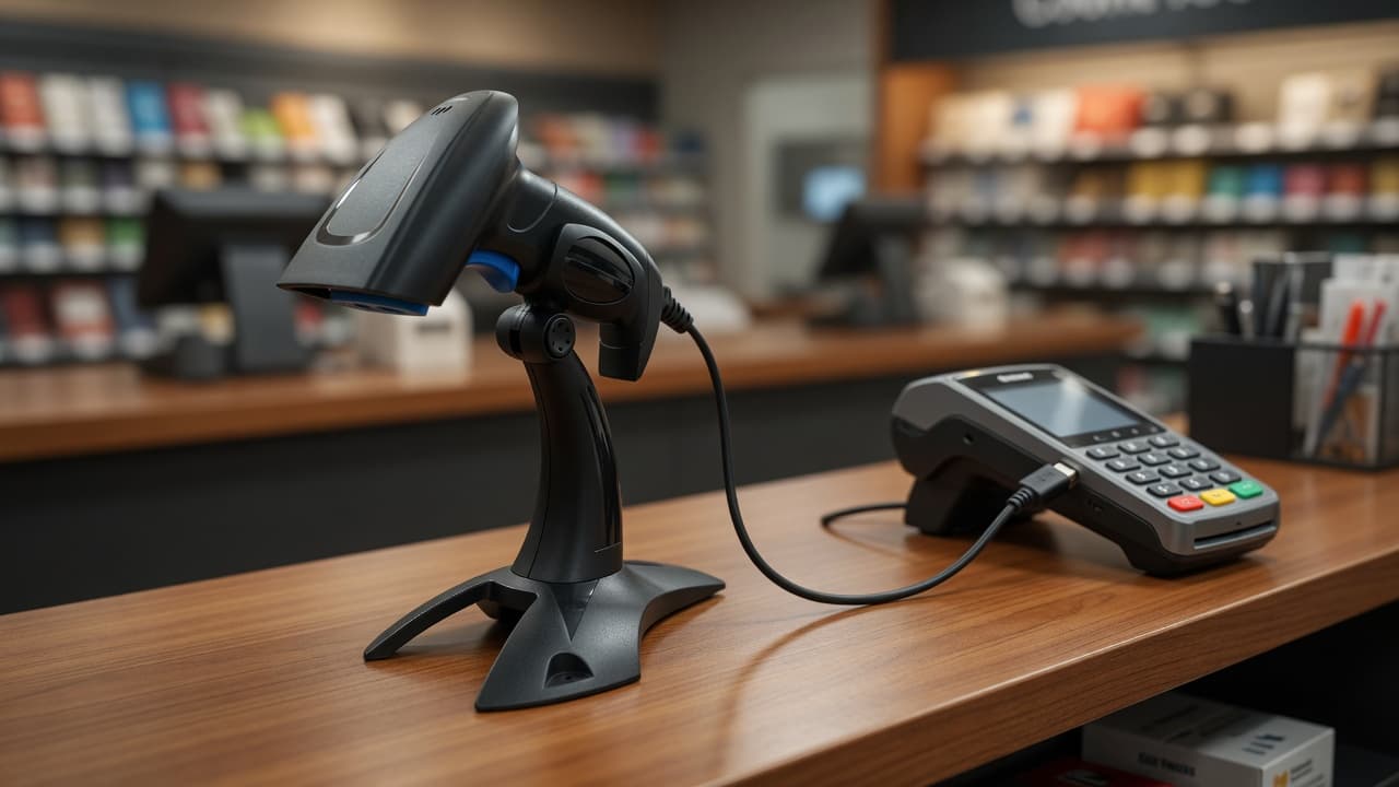 MTS-IRIS en mostrador de kiosco — lector USB 2D con base