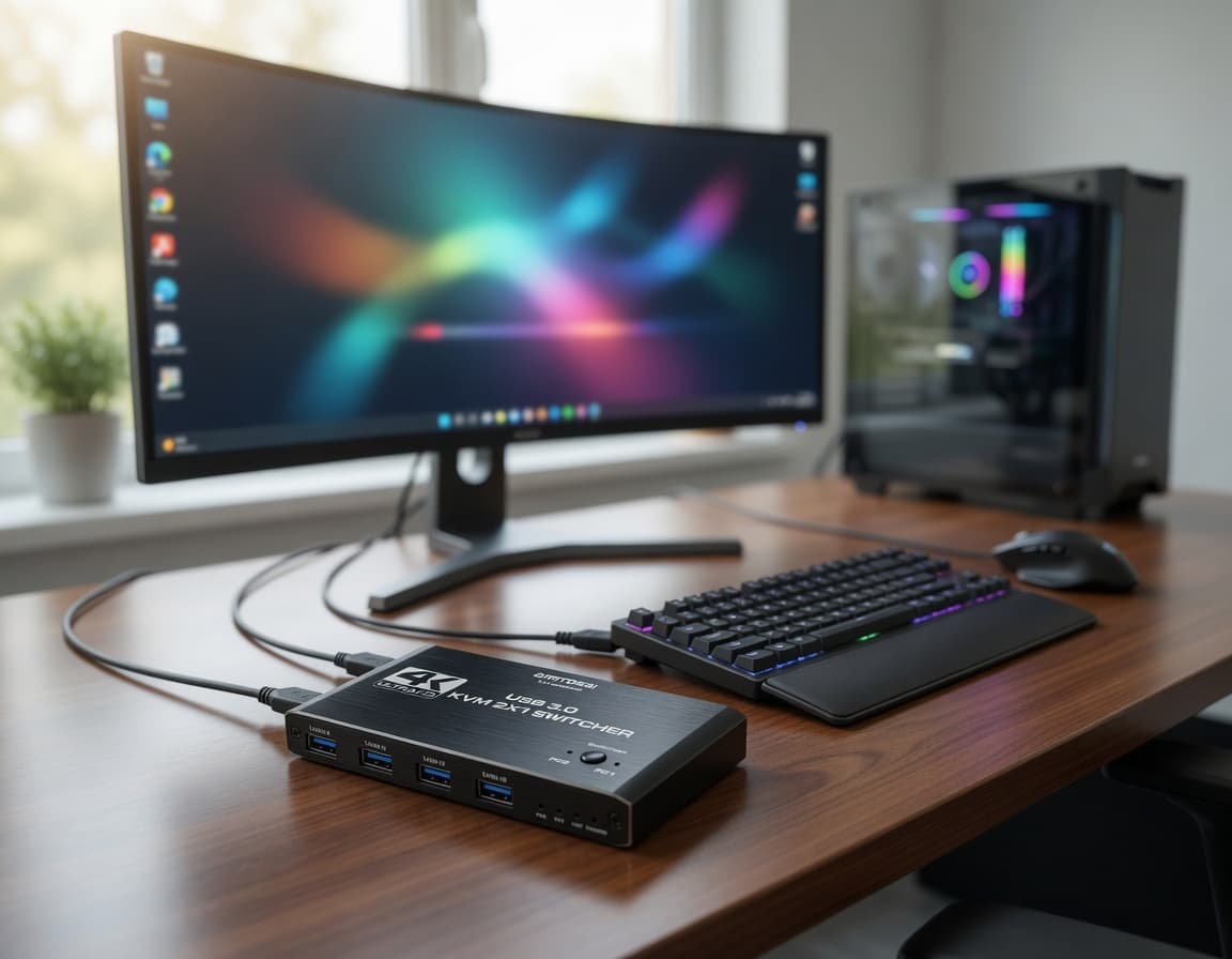 MTS-KVM4K2MAX en escritorio dual PC — un teclado, un monitor, dos máquinas