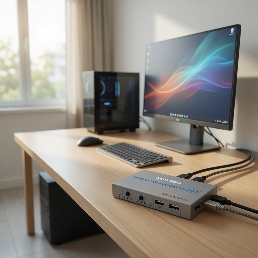 MTS-KVM4K2P en escritorio dual PC — un teclado, un monitor, dos máquinas