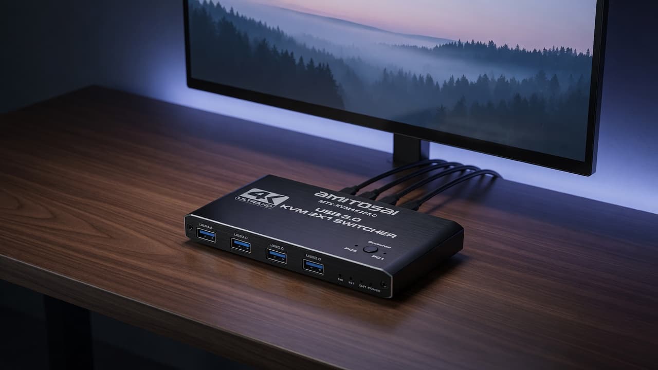 MTS-KVM4K2PRO — escritorio ordenado, una pantalla, dos computadoras