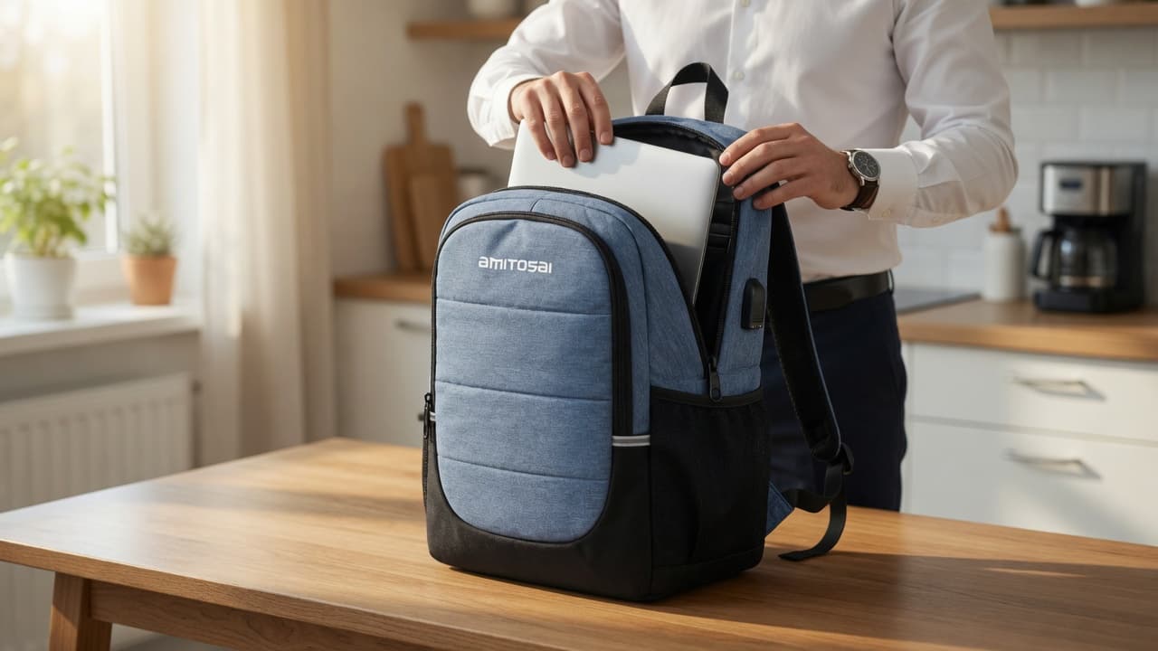 MTS-LICATA en oficina — notebook y mochila anti-robo