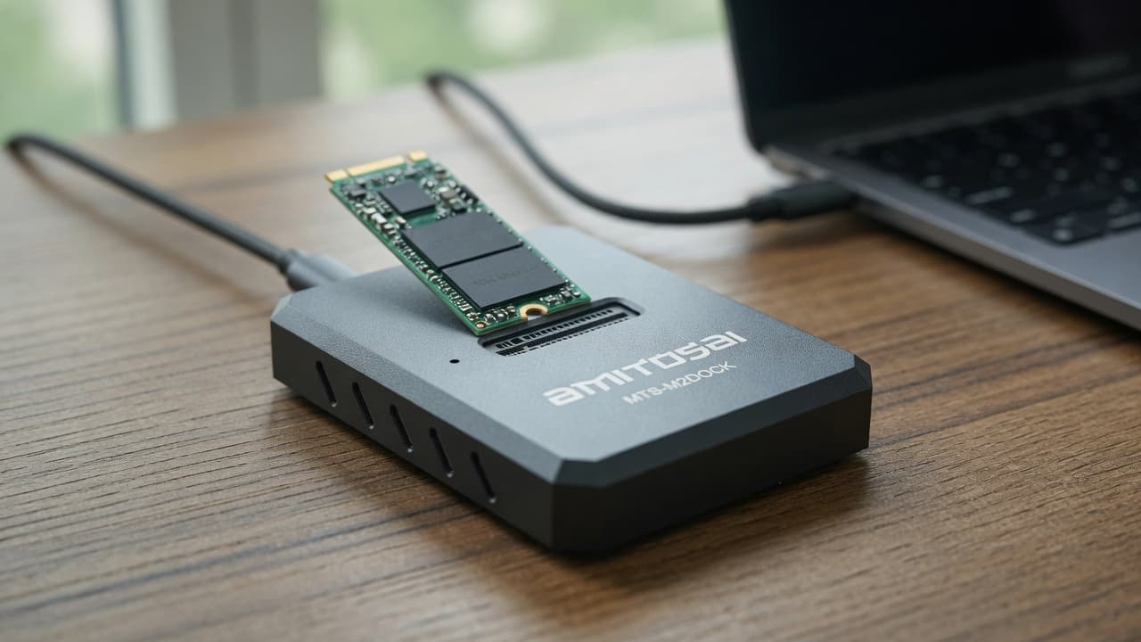 MTS-M2DOCK en escritorio con SSD M.2 — clonado y backup por USB