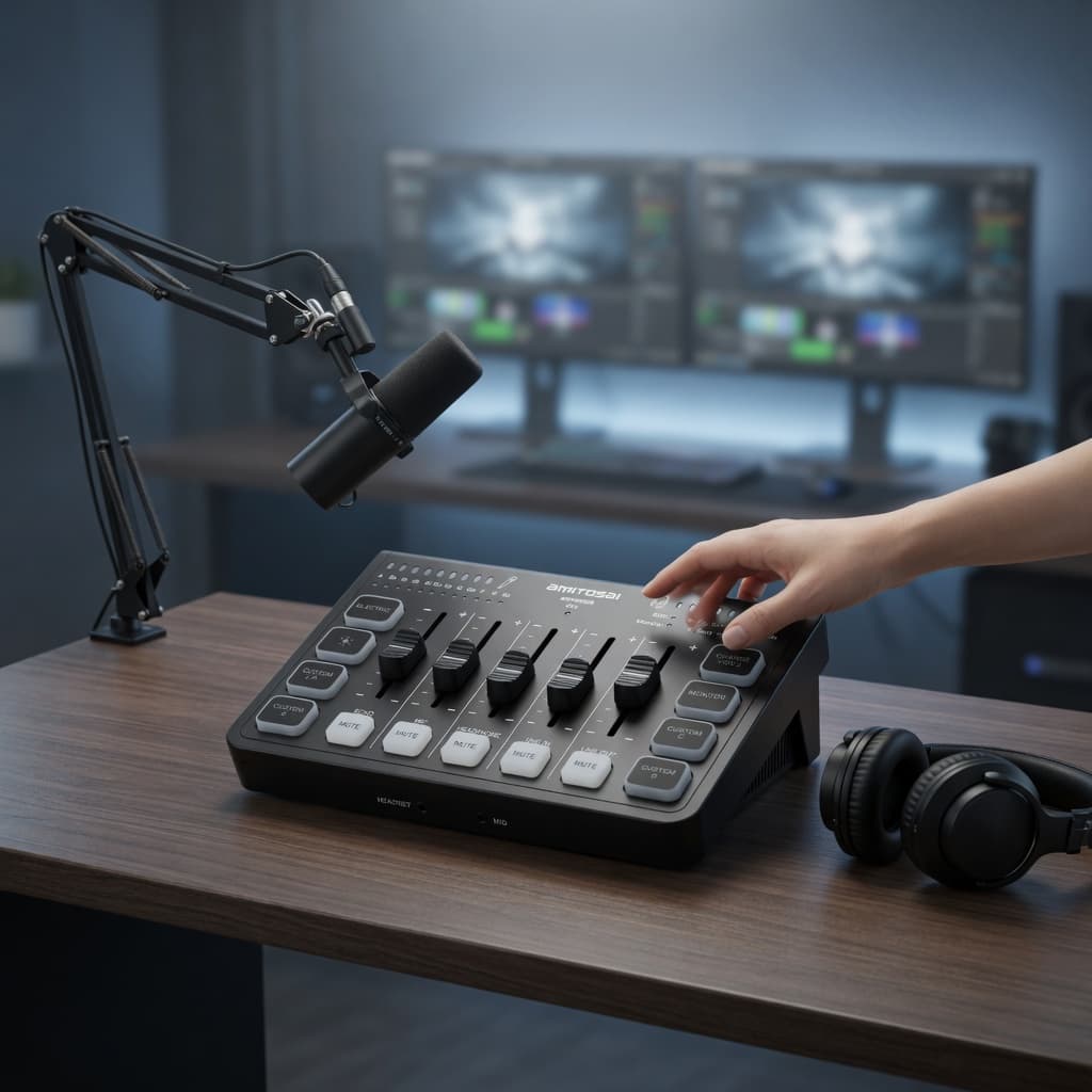 MTS-MIXER en escritorio de stream — faders y mic en brazo