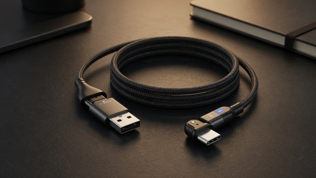 MTS-MOVER100 — cable negro mallado 1 m enrollado en escritorio premium
