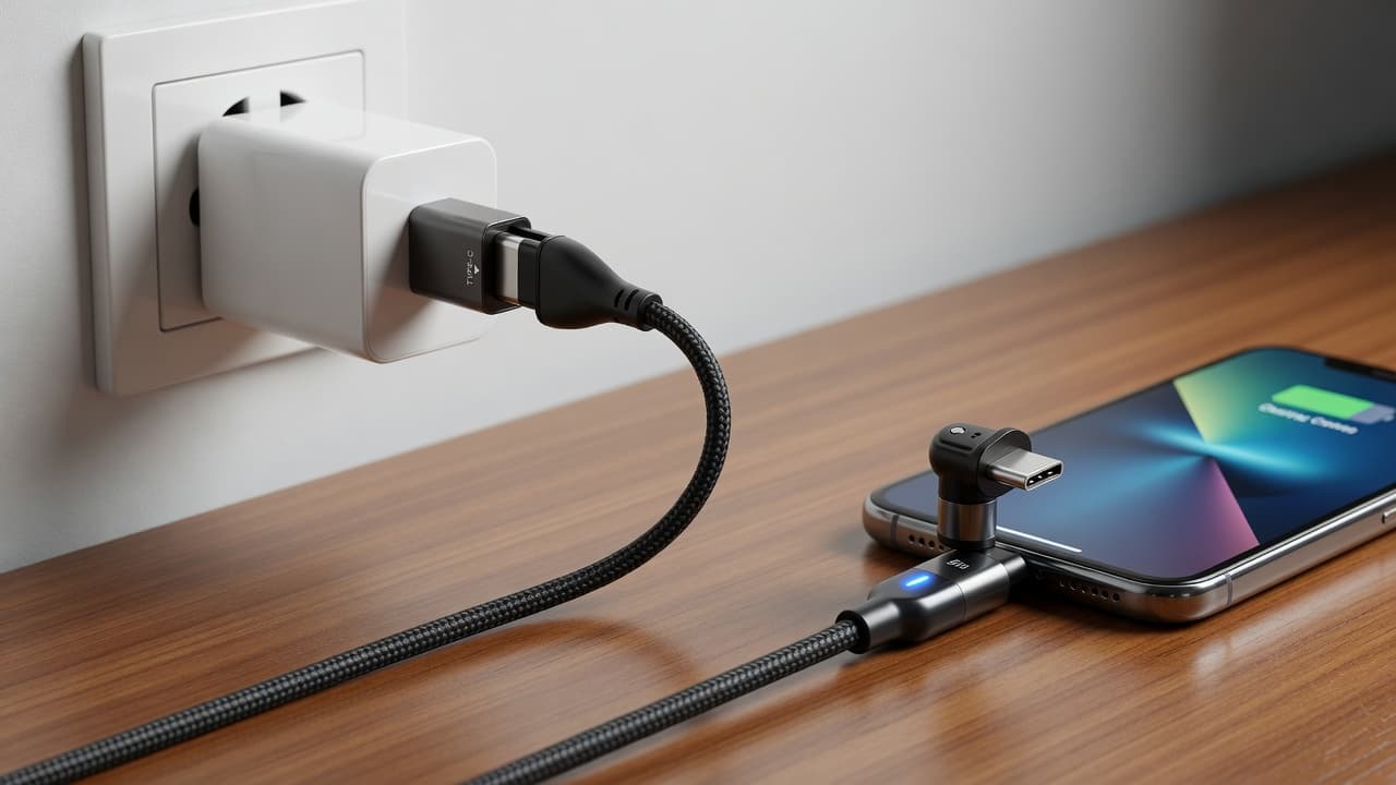 MTS-MOVER100 en escritorio — cable USB-C 1 m con adaptador A y codo 180° junto a tablet