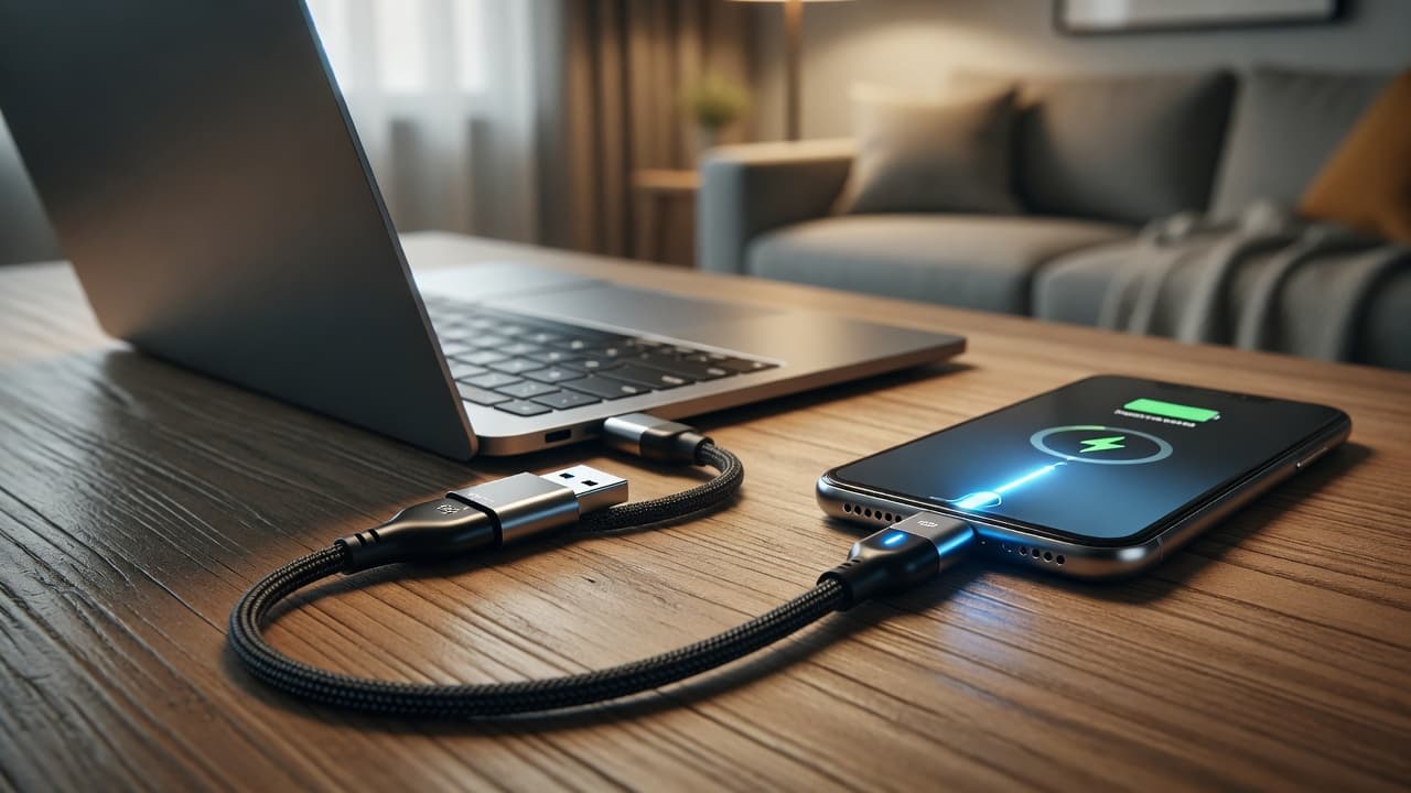 MTS-MOVER200 en uso — cable USB-C codo 180° cargando en escritorio