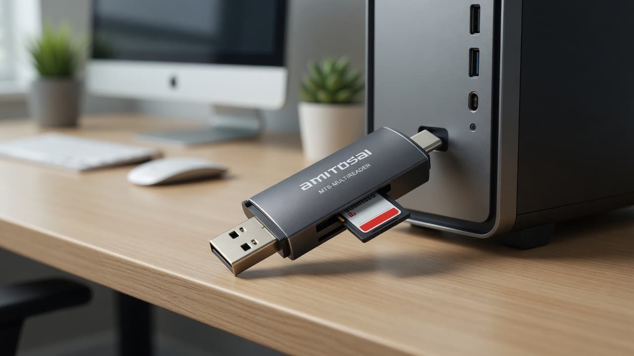 MTS-MULTIREADER en escritorio con notebook USB-C y pendrive