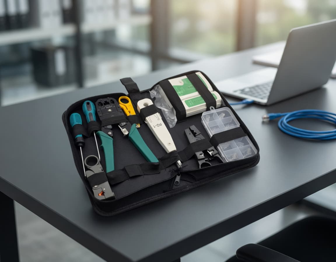 MTS-NETKIT en el escritorio — kit de redes listo para crimpar y probar