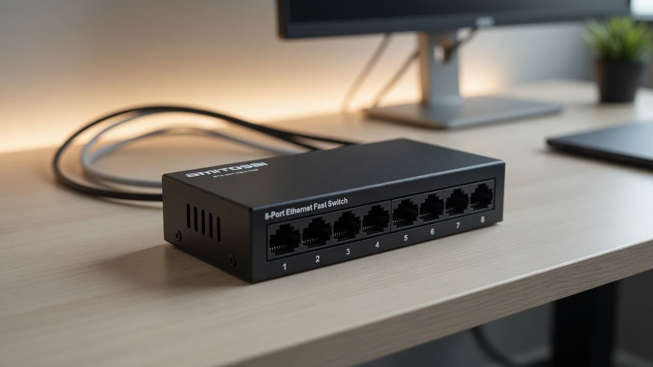 MTS-NETSWITCH8 en escritorio — switch 8 puertos para la red del día a día