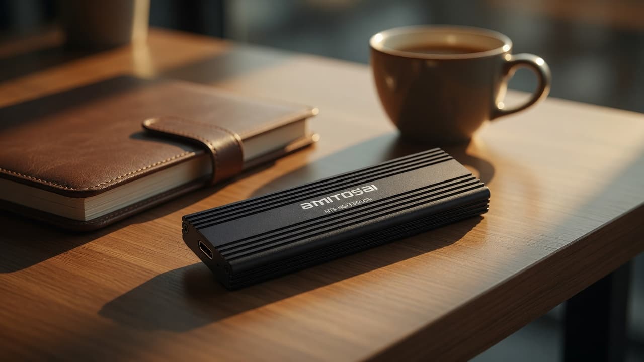 MTS-NGFFM2USB en escritorio — almacenamiento portátil con estilo