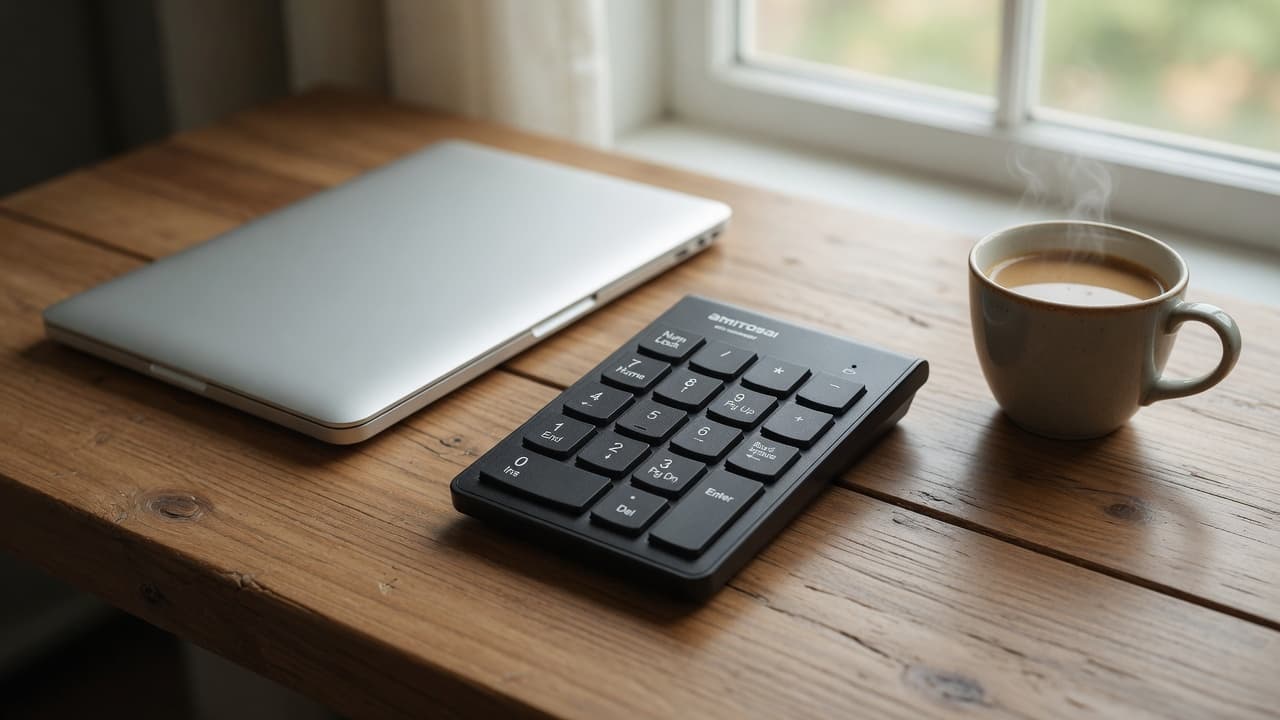 MTS-NUMPADBT al lado de la notebook con planilla — carga numérica por Bluetooth