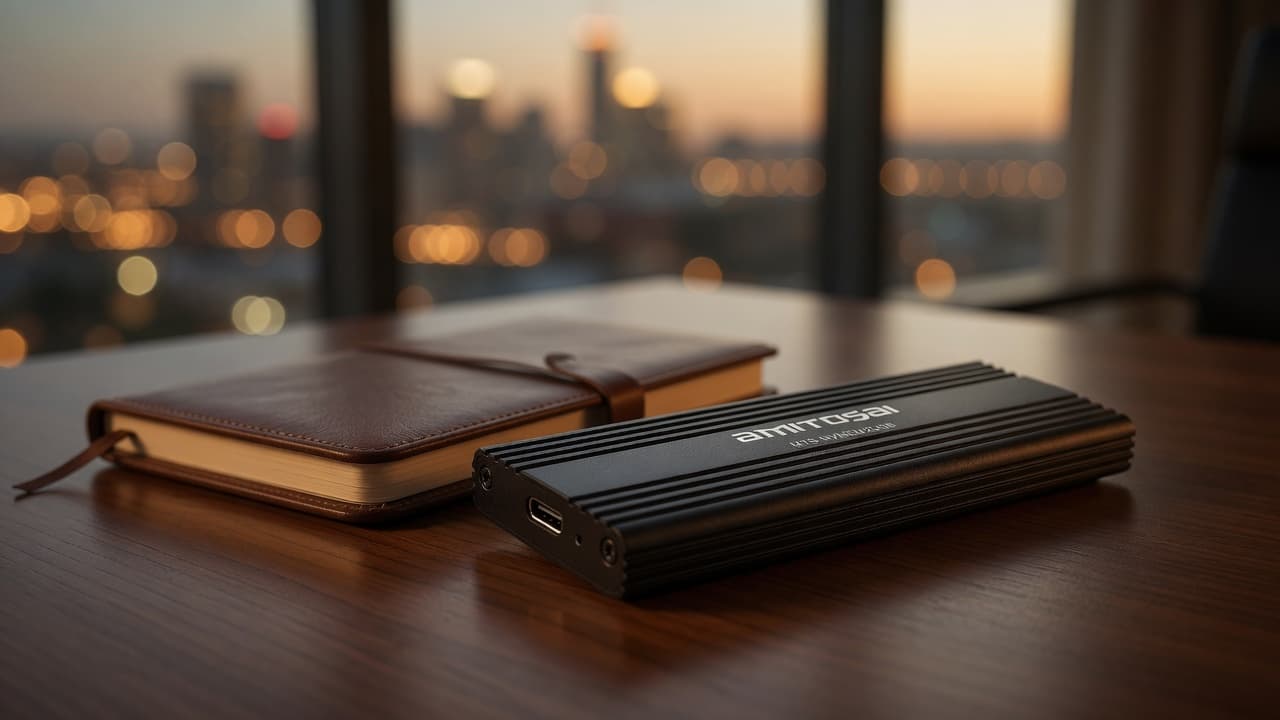 MTS-NVMEM2USB en escritorio — almacenamiento portátil con estilo