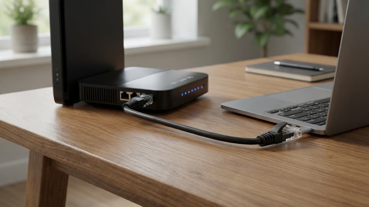 MTS-PATCH6100 — 1 m Cat 6 entre router y notebook en escritorio