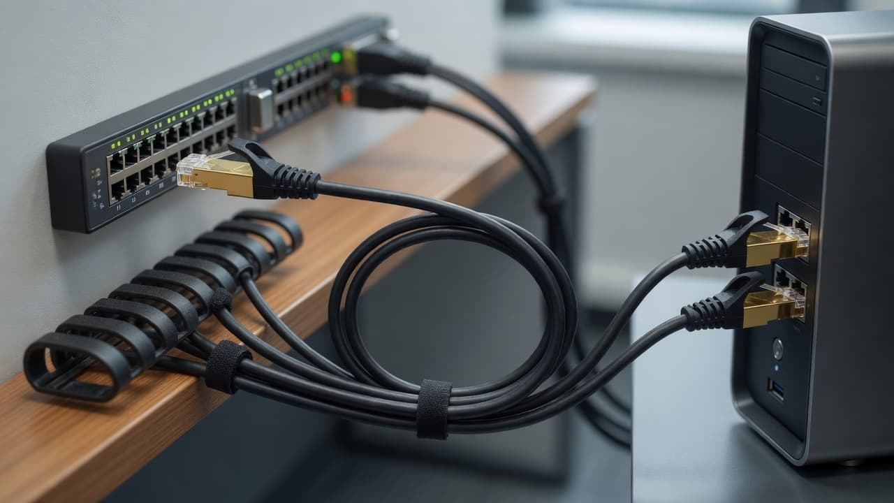 MTS-PATCH71000 — Cat 7 10 m en escritorio con PC y switch AMITOSAI