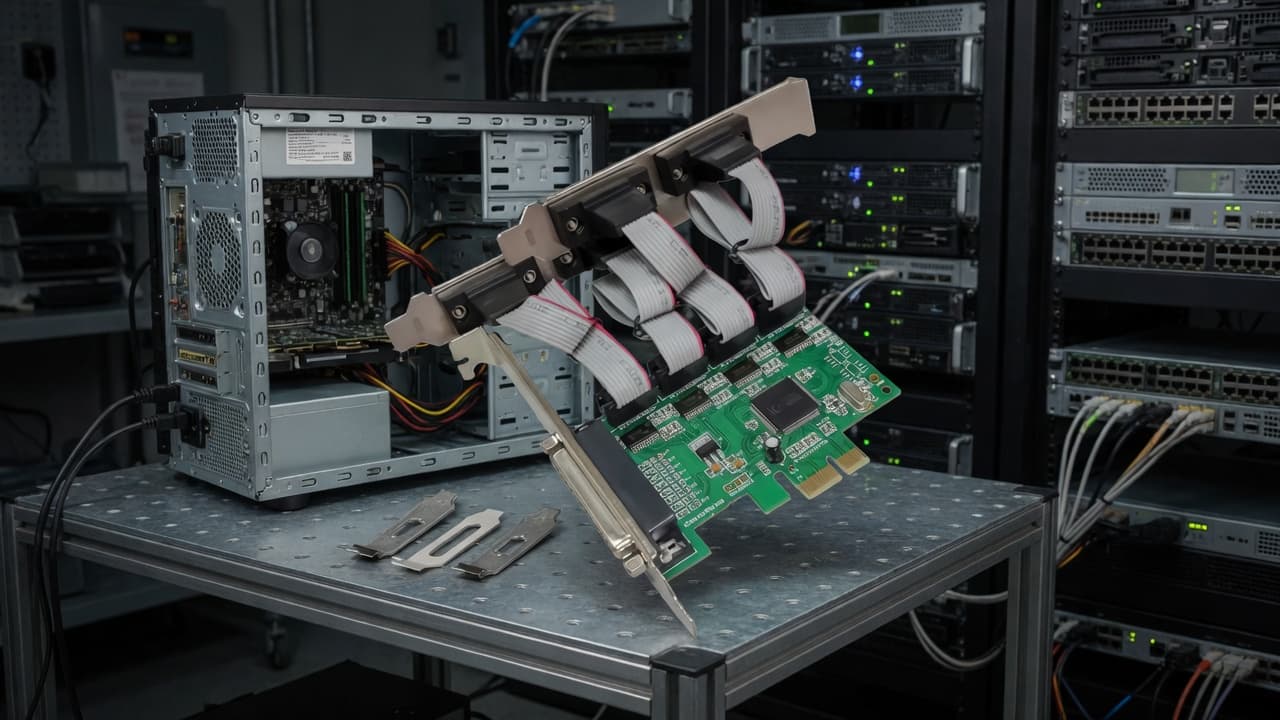 MTS-PCIE4S1P384 — 4× DE-9 RS-232 + 1× DB25 en uso