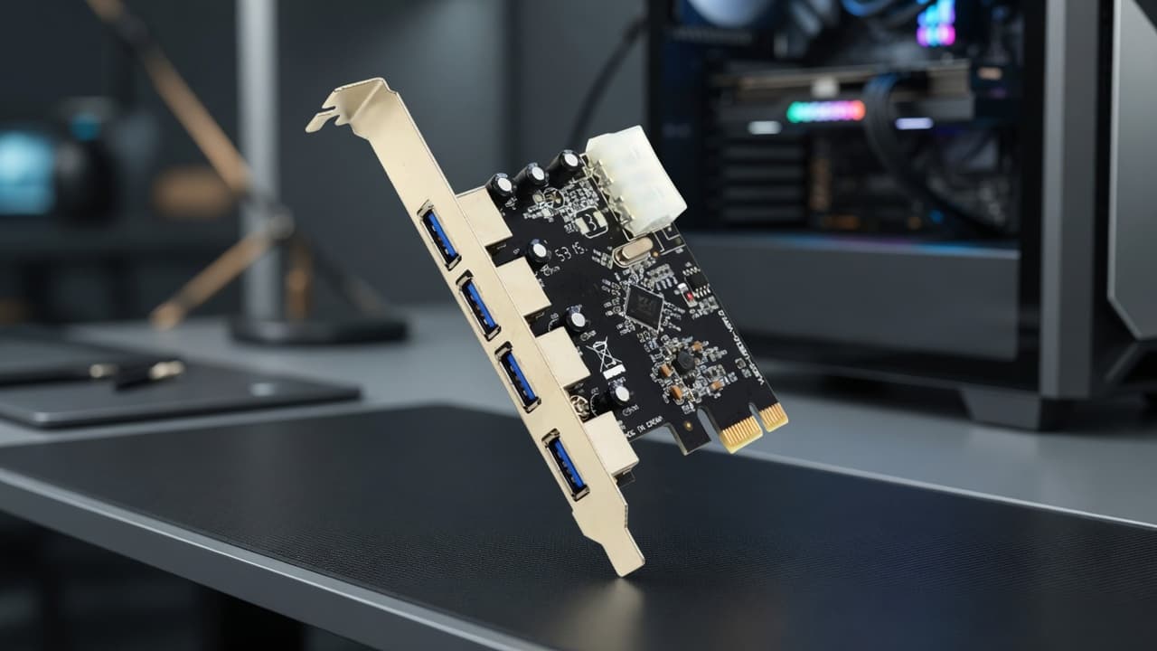 MTS-PCIE4USB3 en escritorio — placa PCIe 4× USB 3.0 con Molex