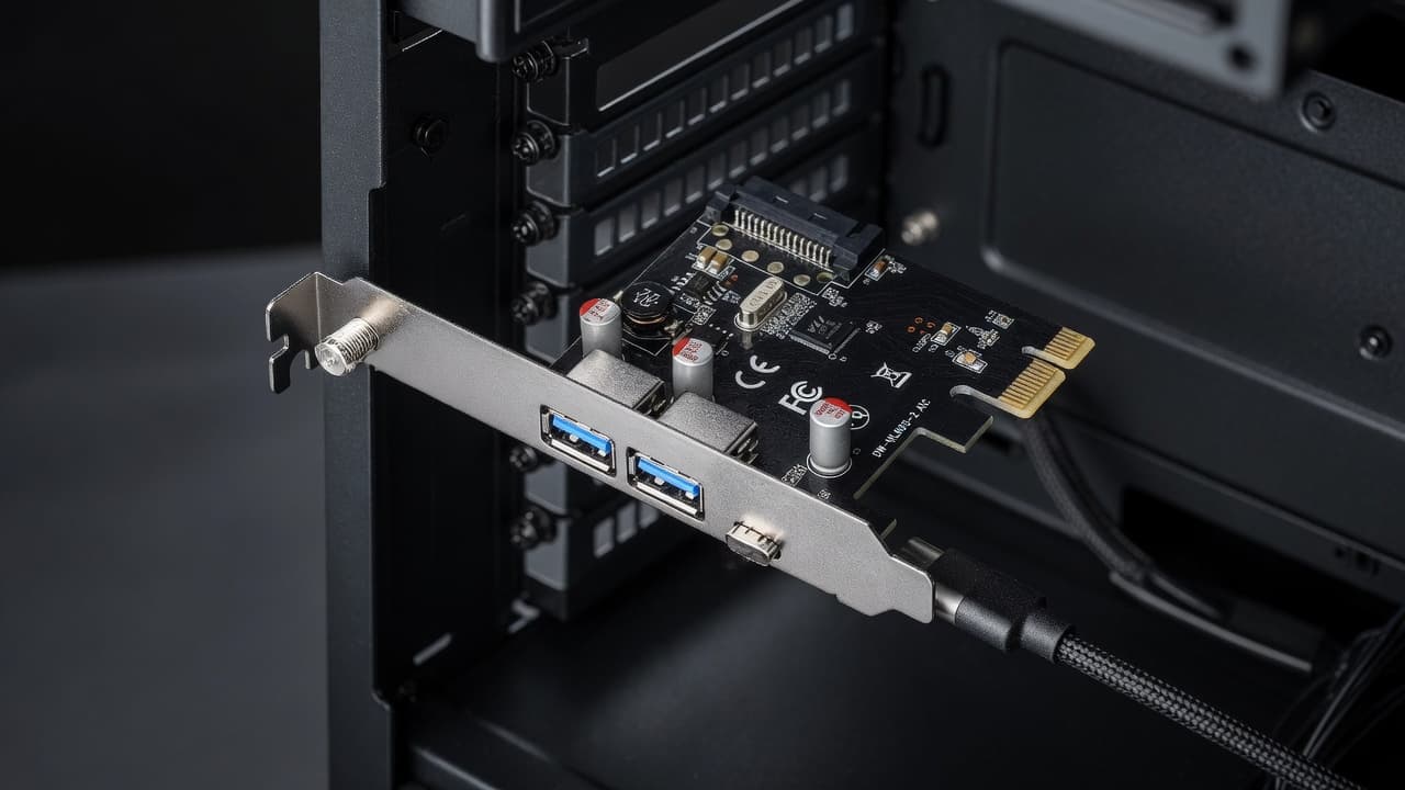 MTS-PCIEUSBC en escritorio — 2× USB 3.0 + USB-C