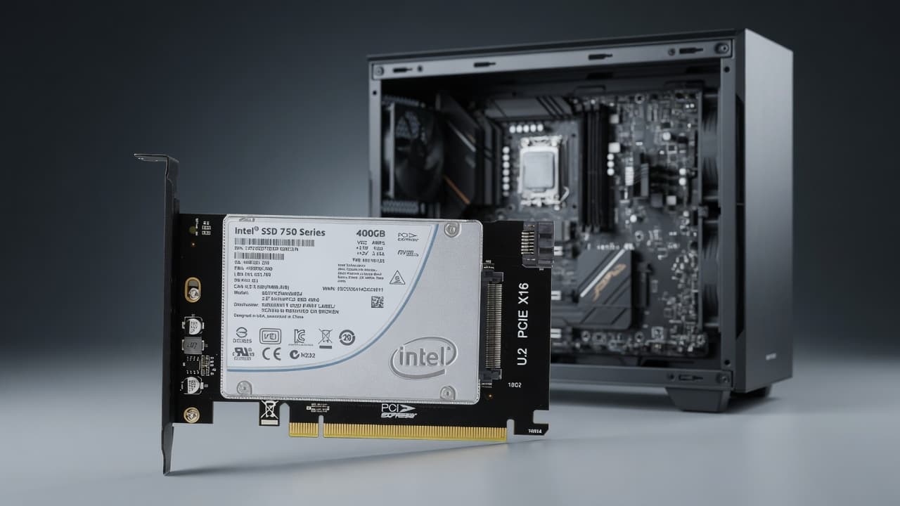 MTS-PCIEX16U2 con SSD U.2 montado — workstation PCIe x16