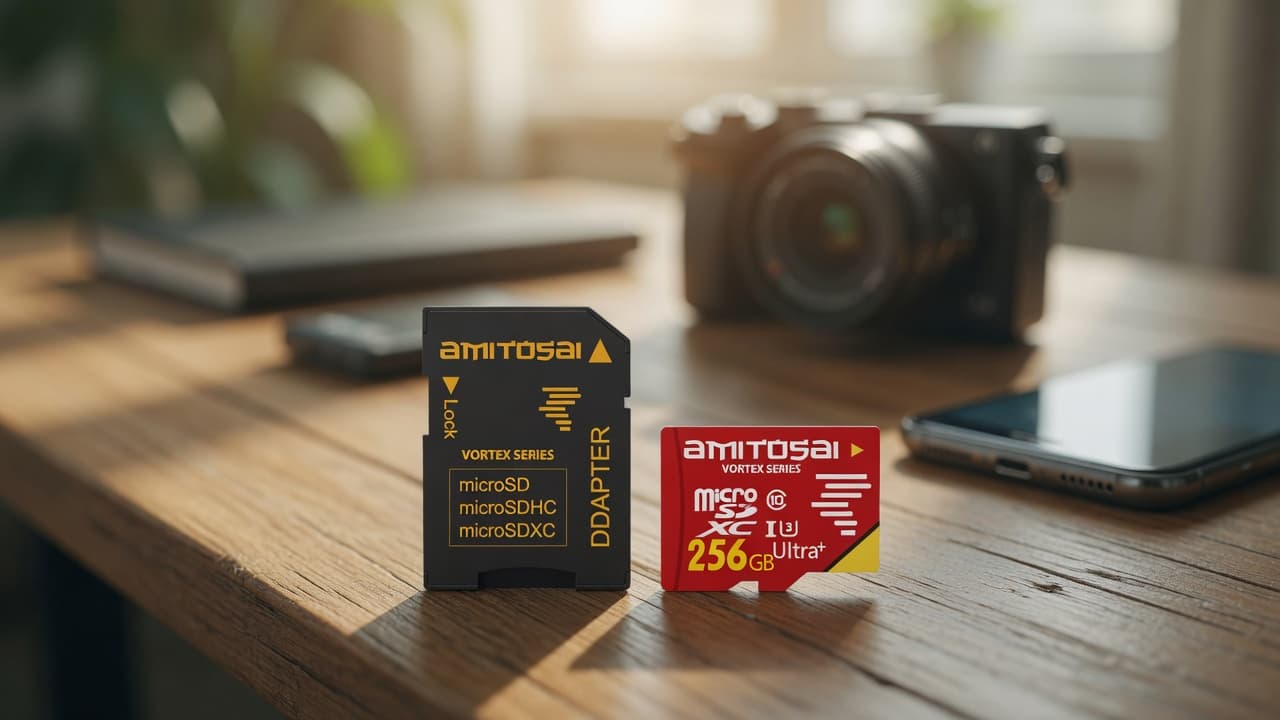 MTS-ROCKET256GB microSD 256GB U3 y adaptador en escritorio de foto