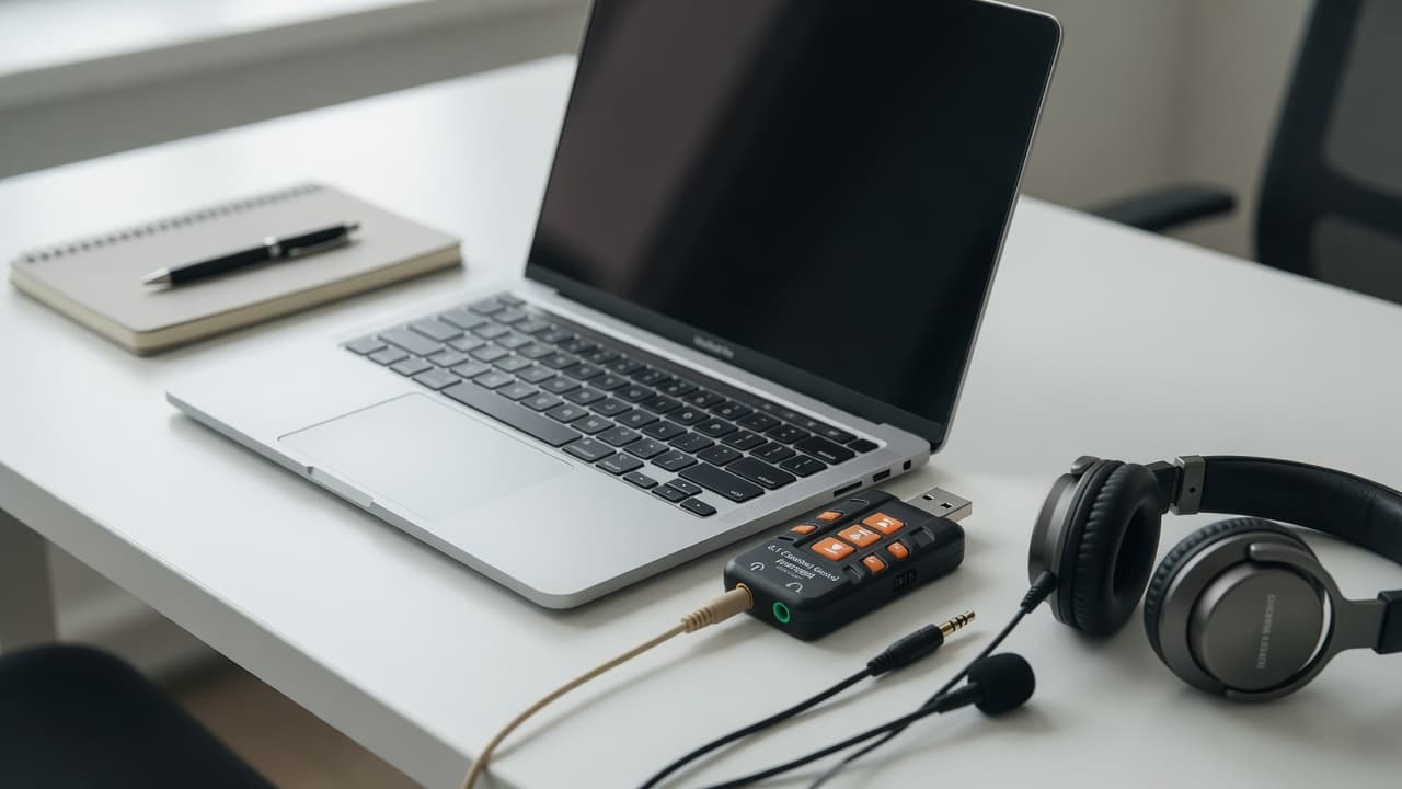 MTS-SOUND en escritorio con notebook y auriculares — placa USB AMITOSAI