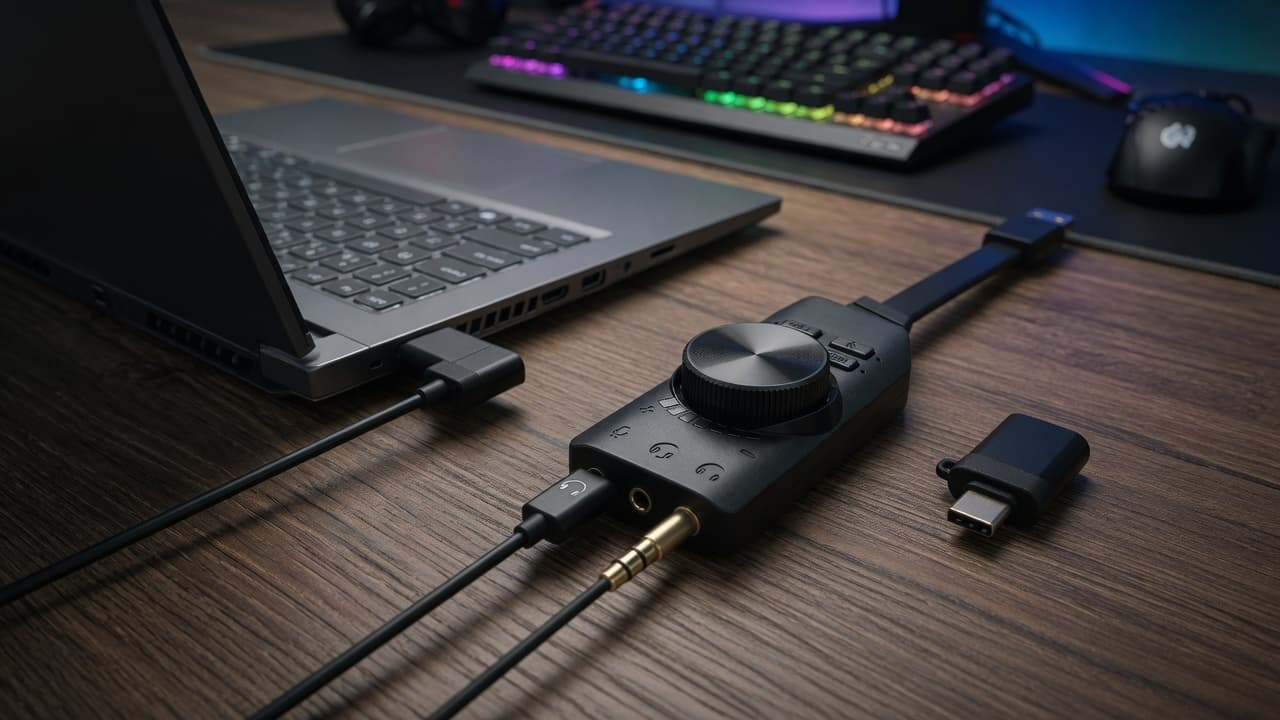 MTS-SOUNDPRO en escritorio — headset USB y control de volumen