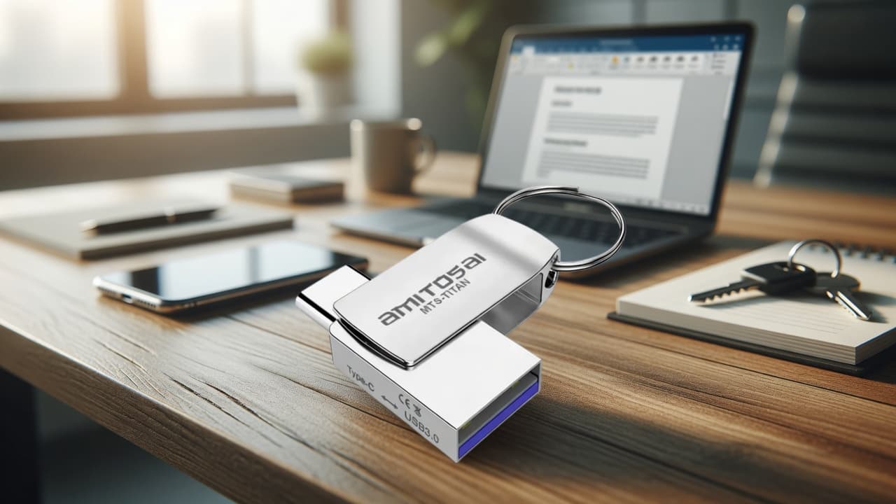 MTS-TITAN128GB en escritorio — mini dual USB-A + C para PC y notebook