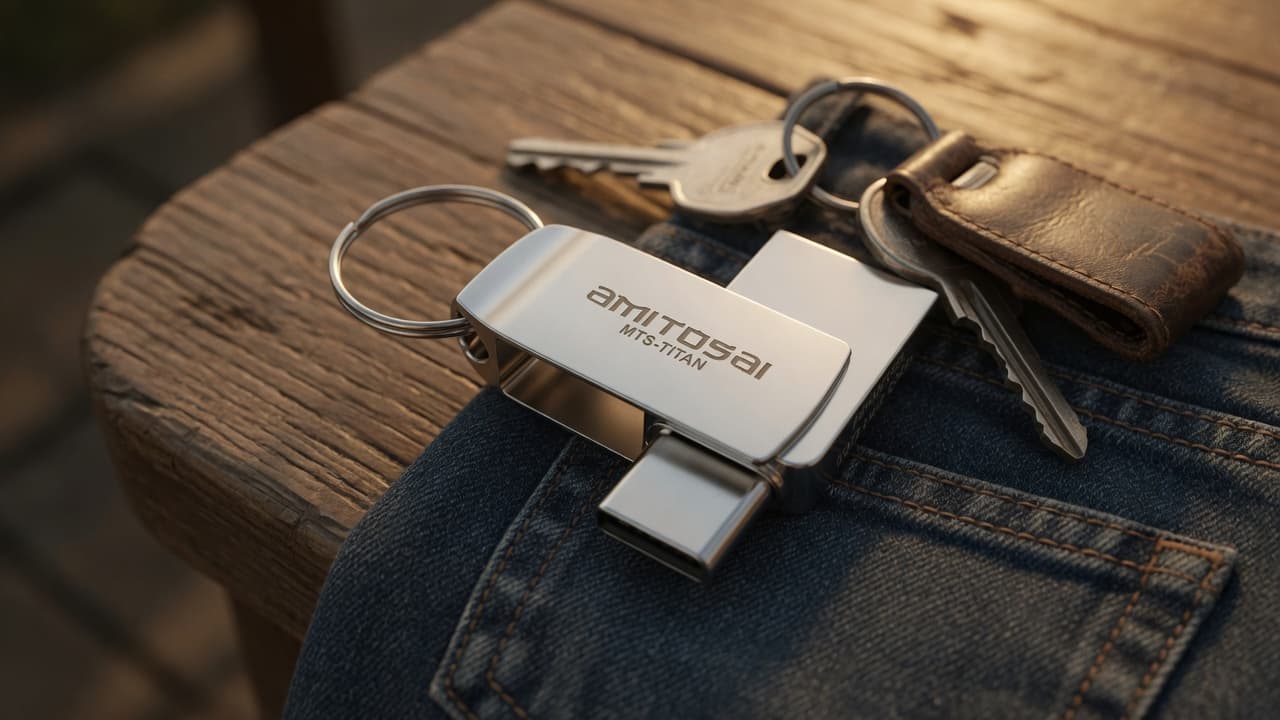 MTS-TITAN64GB en el llavero — backup portable que viaja con vos