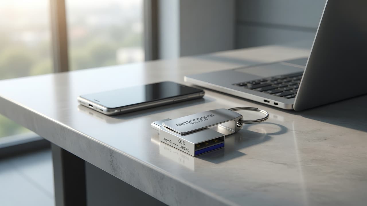 MTS-TITAN64GB en escritorio — mini dual USB-A + C para PC y celular