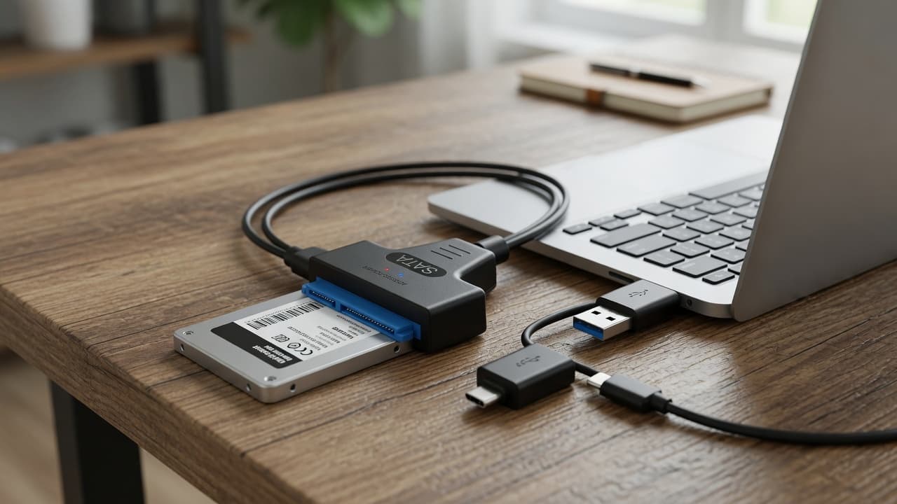 MTS-UC3SATA conectado a SSD 2,5" junto a notebook — rescate y backup