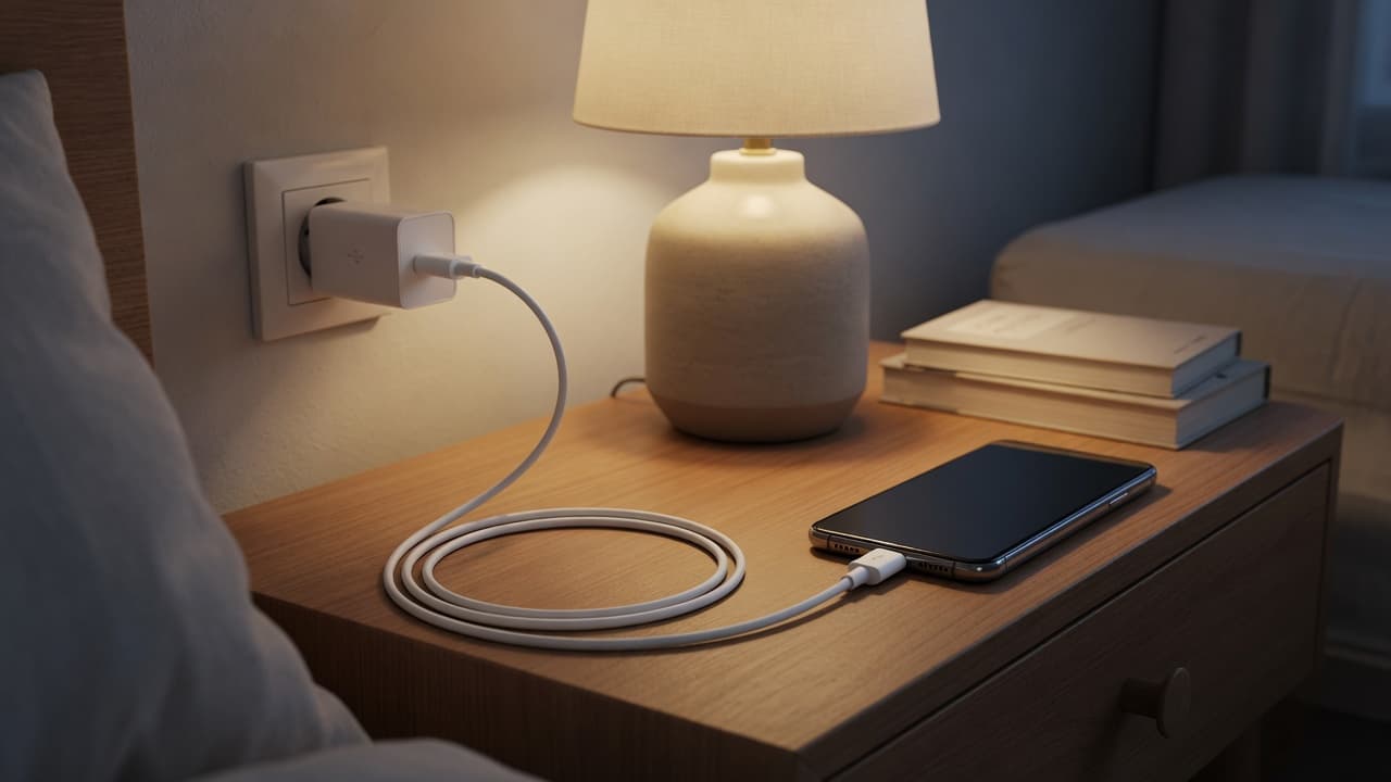 MTS-USBC5A en escritorio — celular y cable USB-A a USB-C
