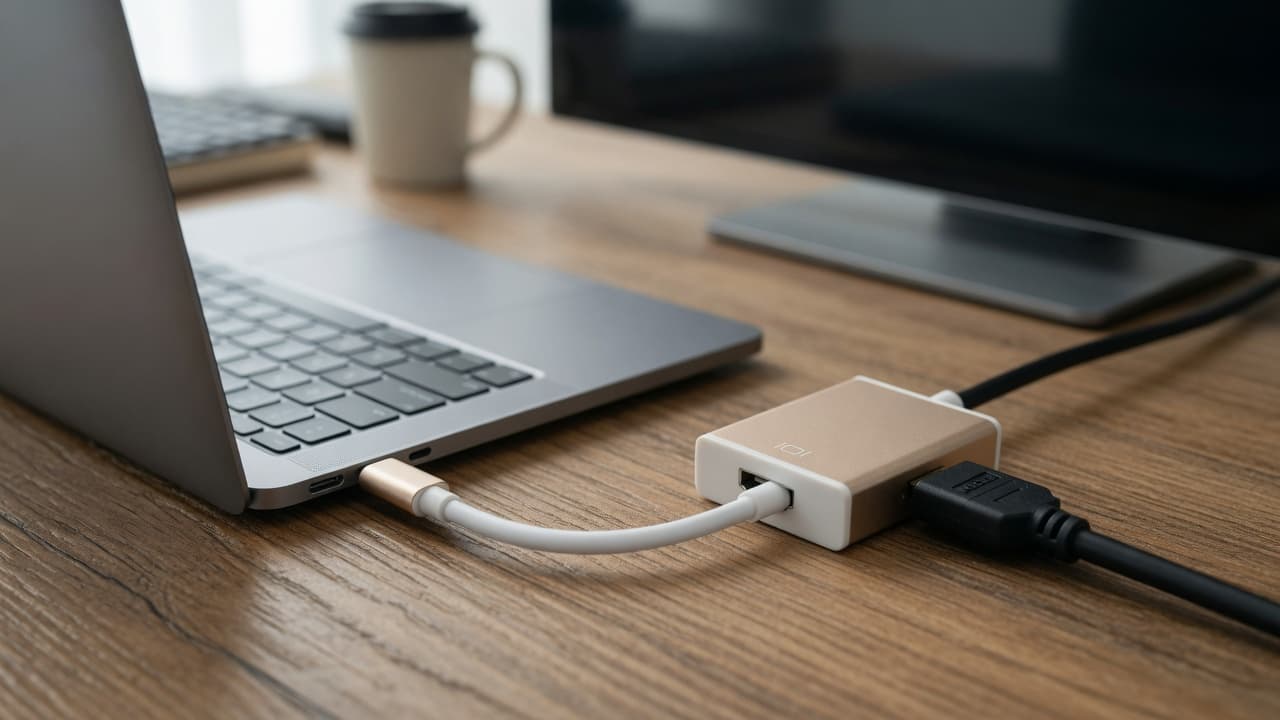 MTS-USBCHDMI en escritorio — USB-C a HDMI en notebook y monitor