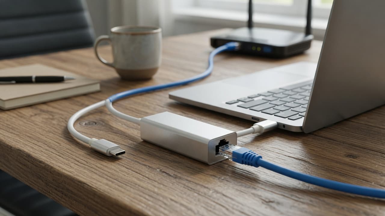MTS-USBCLANAL en escritorio — USB-C a LAN Gigabit aluminio