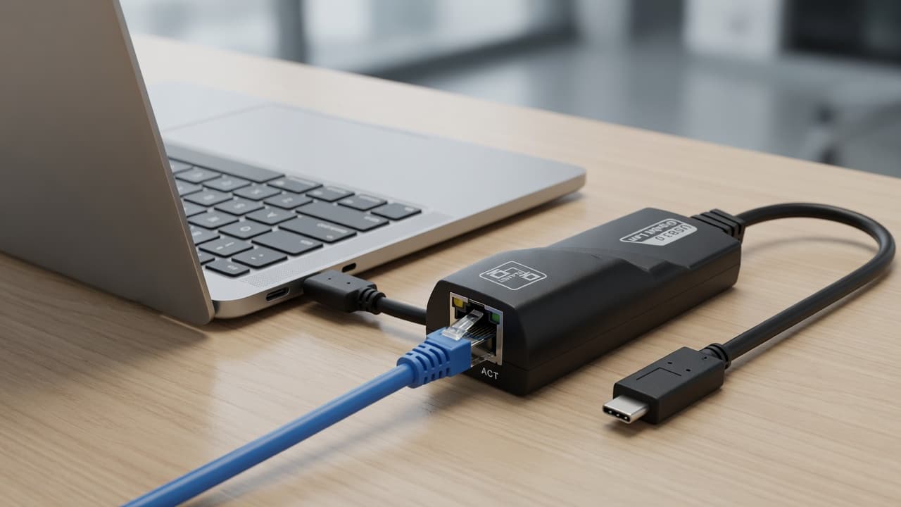 MTS-USBCLANGIGA en escritorio — USB-C a LAN Gigabit con notebook