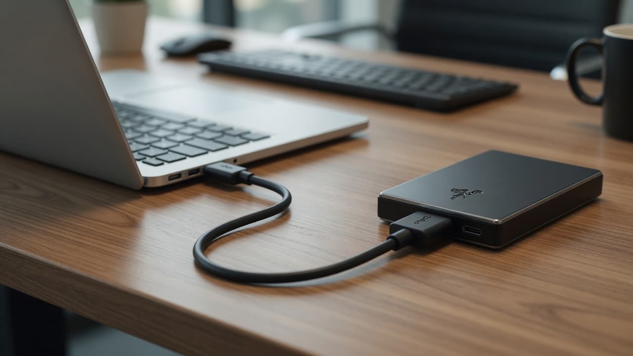 MTS-USBCMICRO3 en escritorio — USB-C a disco externo Micro-USB 3.0