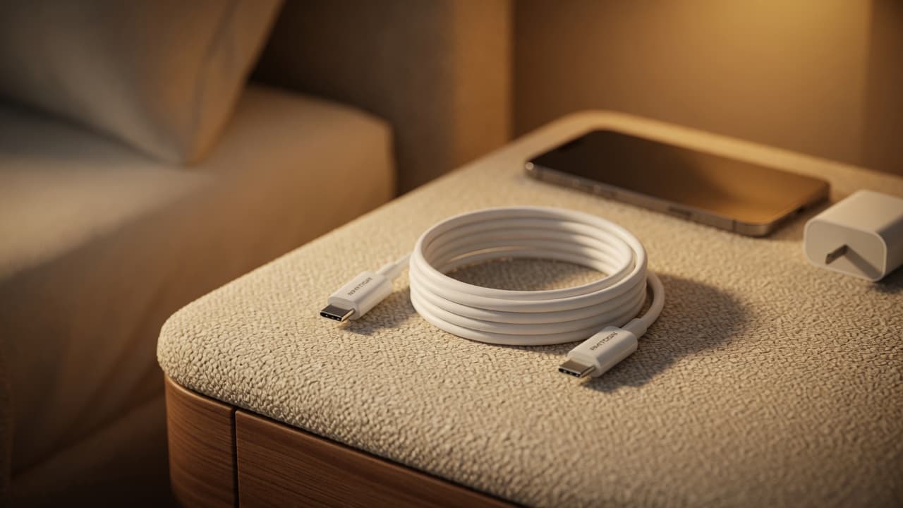 MTS-USBCPD1M enrollado — cable blanco AMITOSAI listo para el día a día