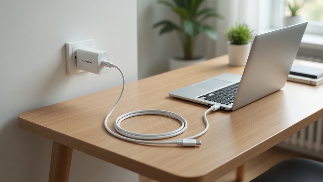 MTS-USBCPD1M en escritorio — USB-C a USB-C cargando celular y notebook