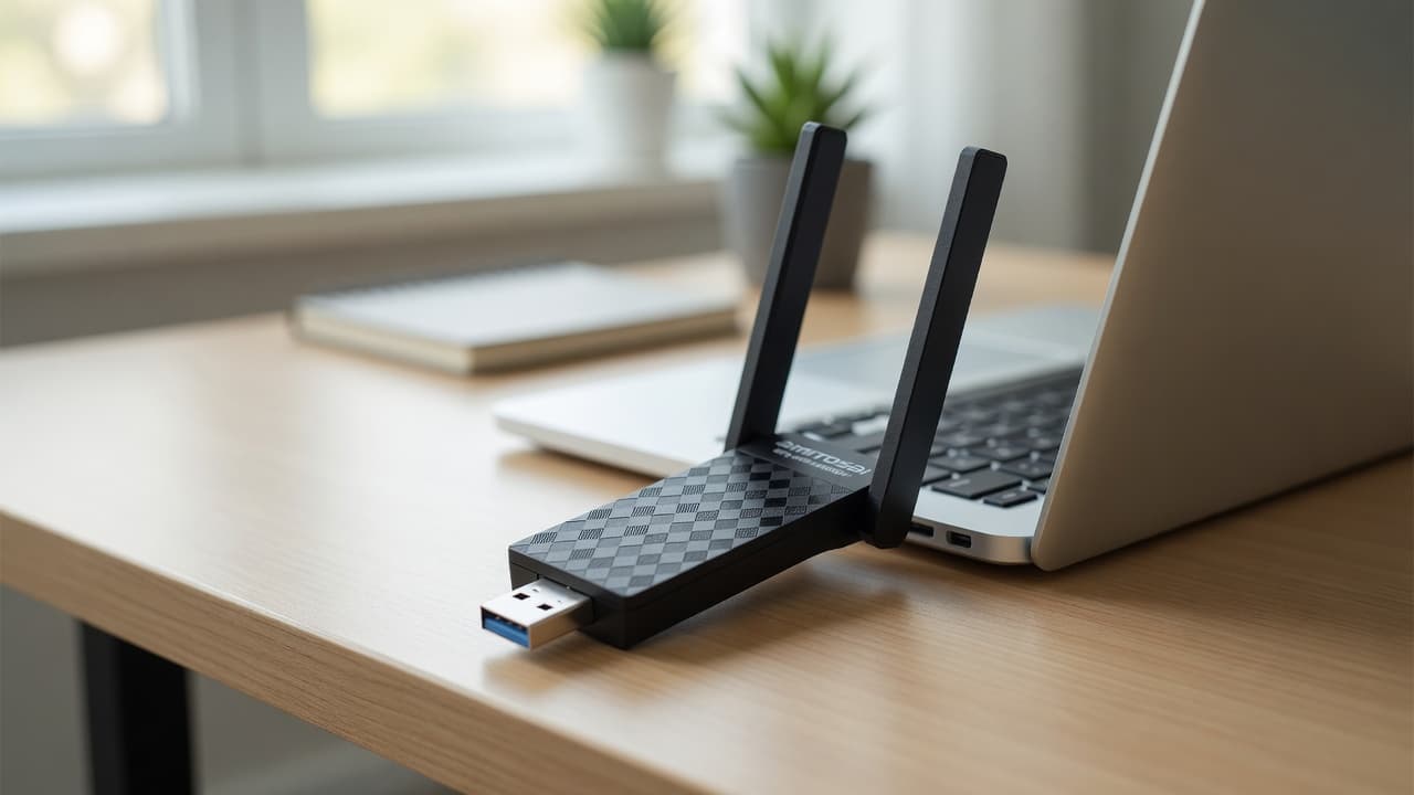 MTS-WIFI1800PRO en escritorio — WiFi 6 USB con doble antena junto a notebook