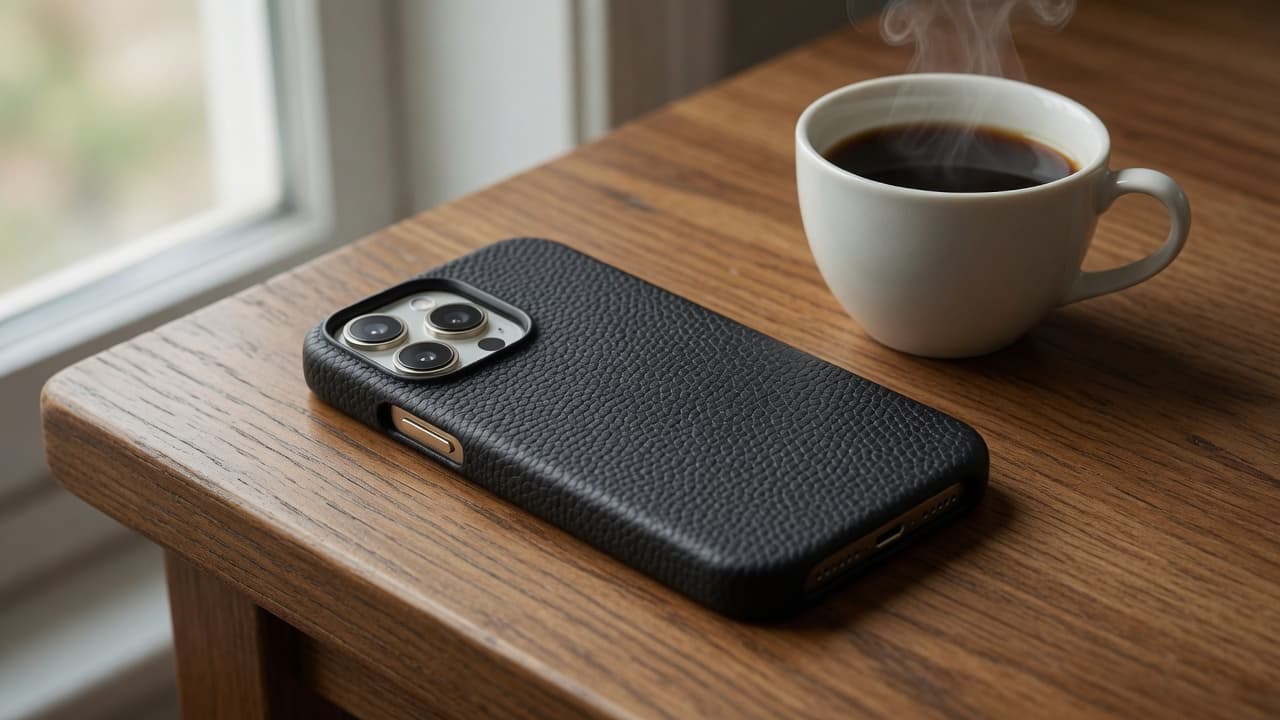 VITO-I15C — funda cuero natural iPhone 15 en escritorio