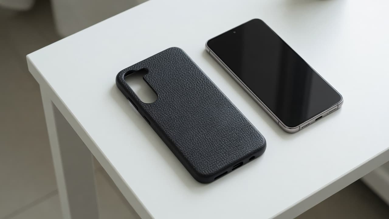 VITOS23C — funda cuero natural S23 en escritorio