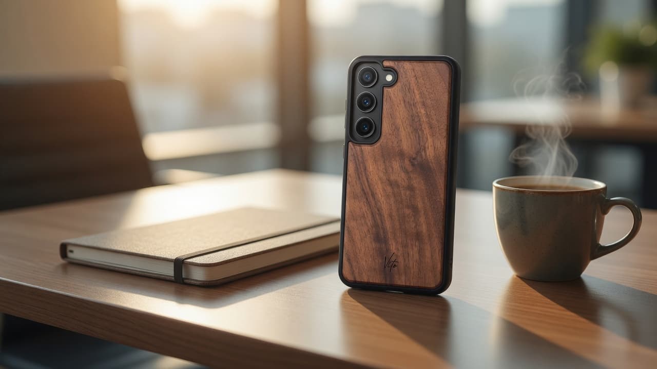 VITOS24 Walnut — funda madera en escritorio