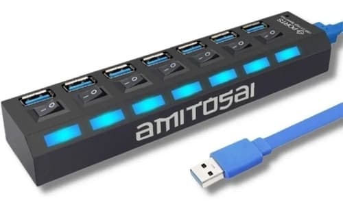 MTS-HUB37 — hub USB 7 puertos negro con LEDs azules y cable azul (producto solo)