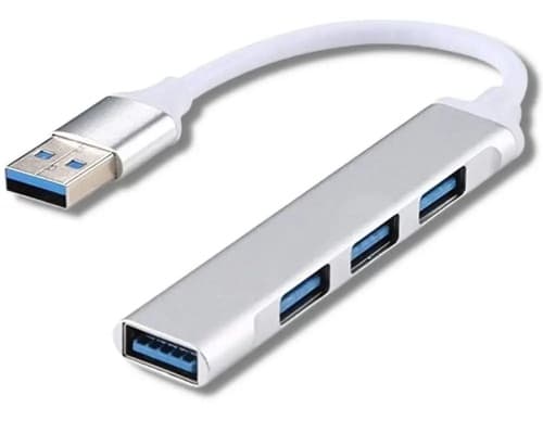 MTS-HUB3X4AL — hub USB aluminio con cable blanco y conector USB-A macho